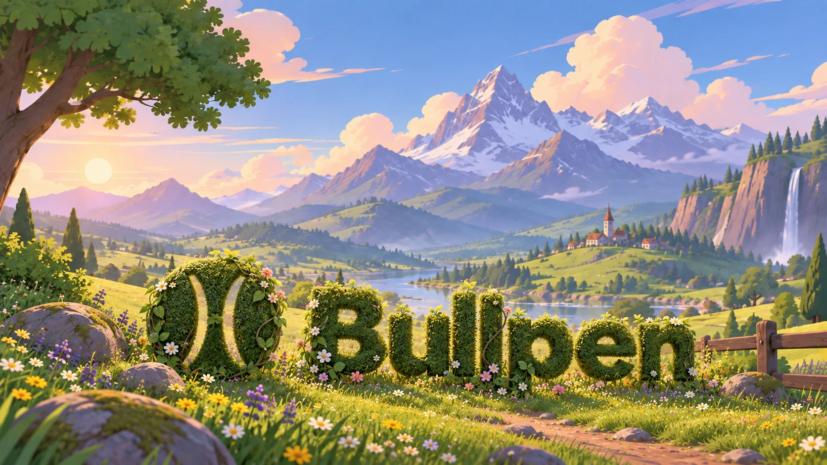 Bullpen’s leafy lettering surrounded by wildflowers, with a sunlit alpine village and mountains behind it